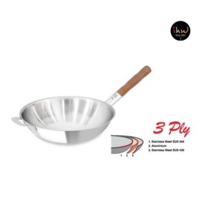 Zebra Stainless Steel 30cm Vitalux 3 Ply Wok, Wood Handle Without Lid -